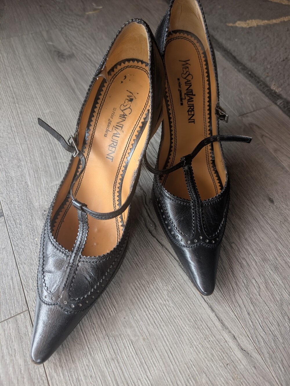 Vintage Yves Saint Laurent Black Leather Pointed Mary Jane Pumps UK 40
